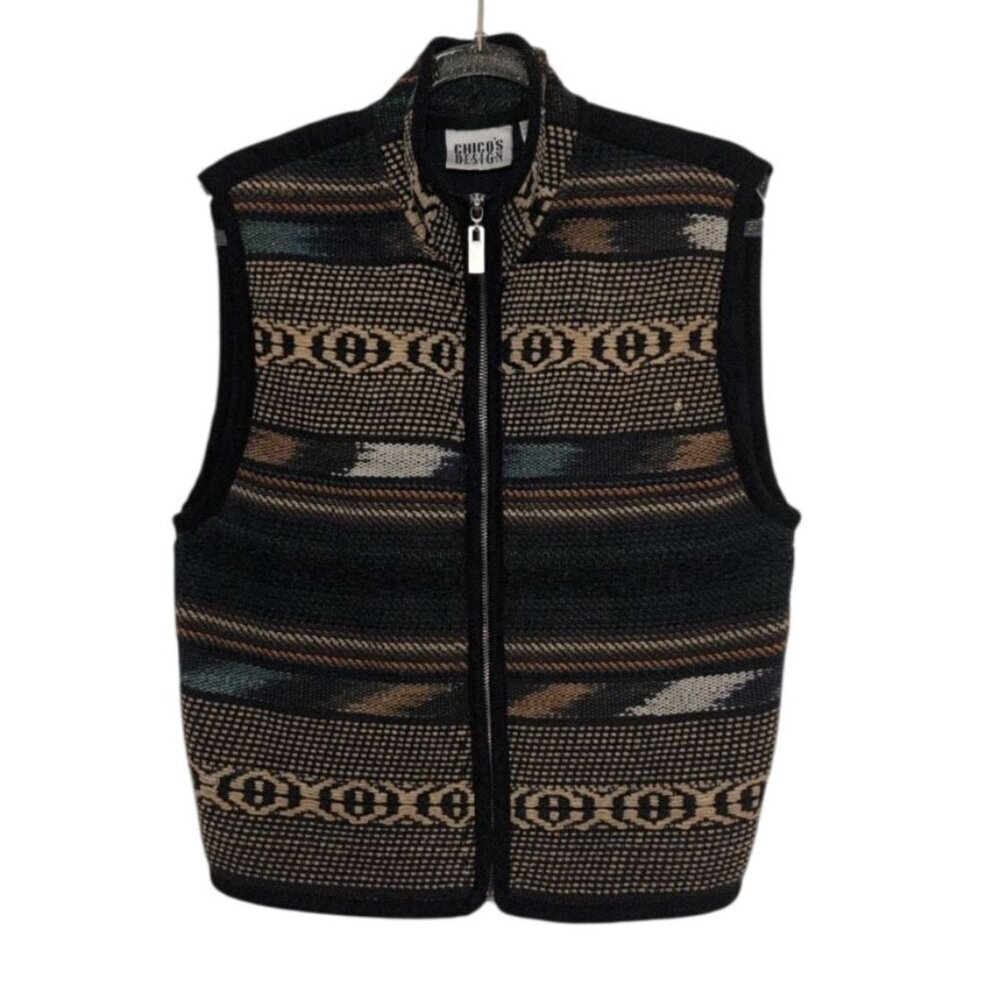 Chicos Design 0 Western Vest Womens Size XS Black Aztec 100% Cotton Full Zip